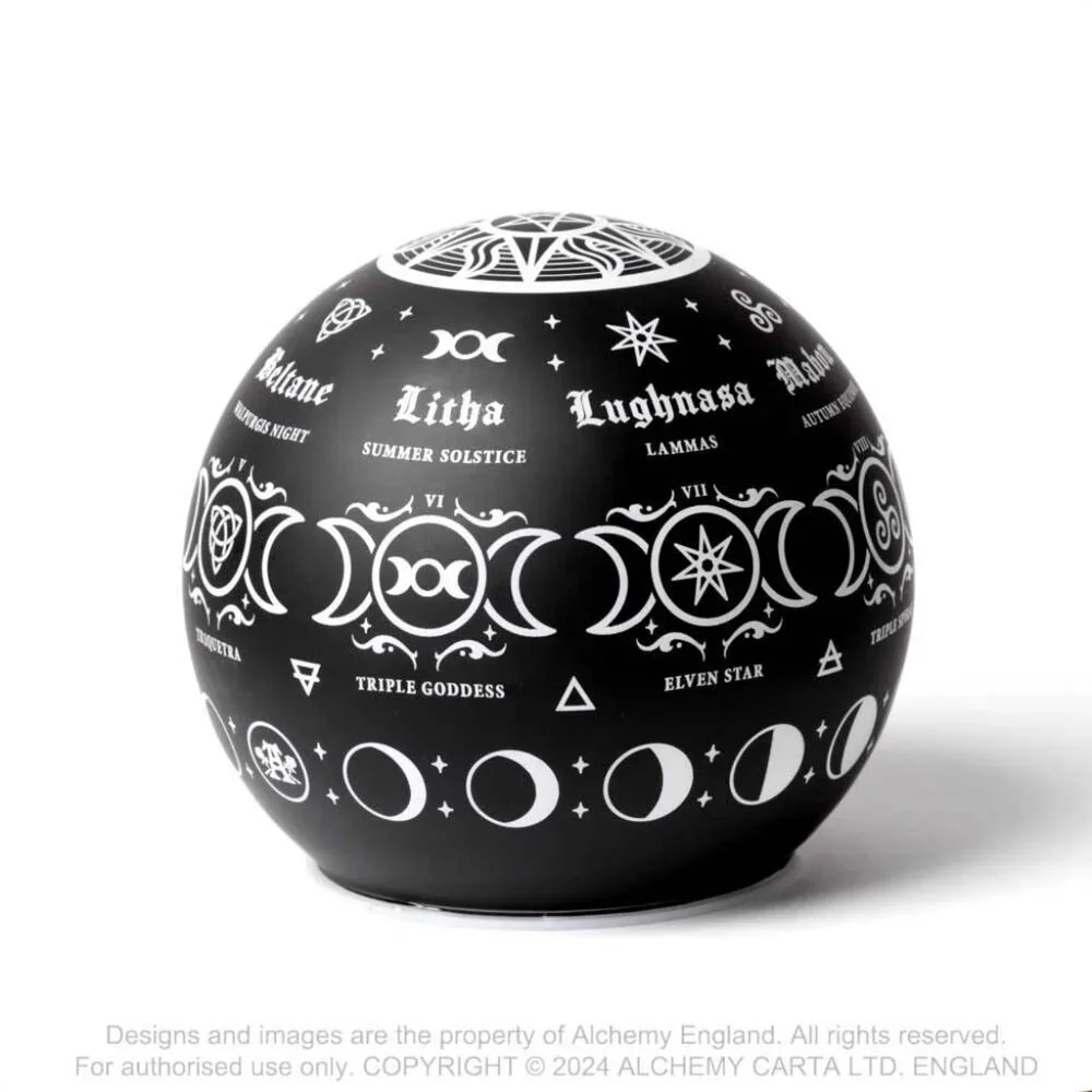 Alchemy Gothic Pagan Calendar LED Globe Light Black Glass Etched Symbols NIB